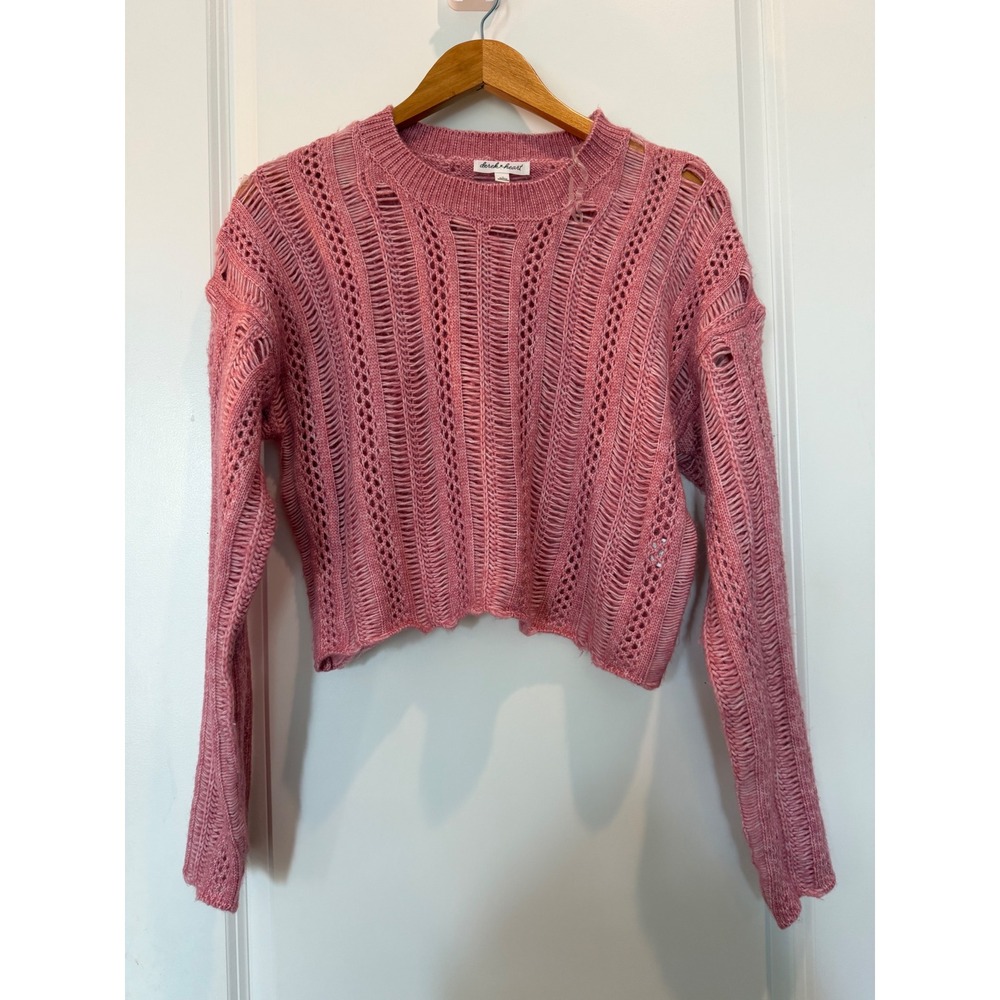 Derek Heart Pink Open Knit Cropped Sweater Womens Large Long Sleeve Pointelle